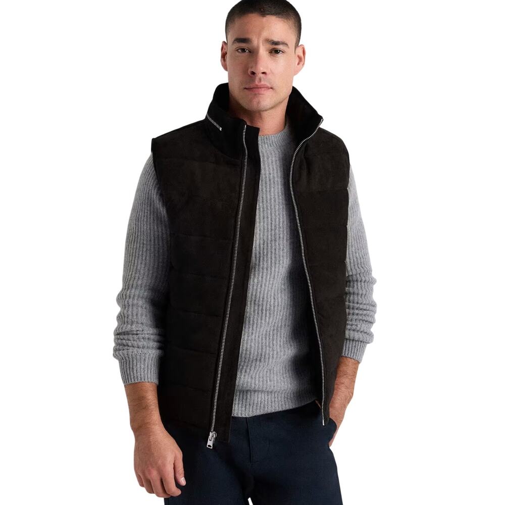 New Quince Men’s L Suede Puffer Vest Jacket Black Outerwear $250 Preppy Western